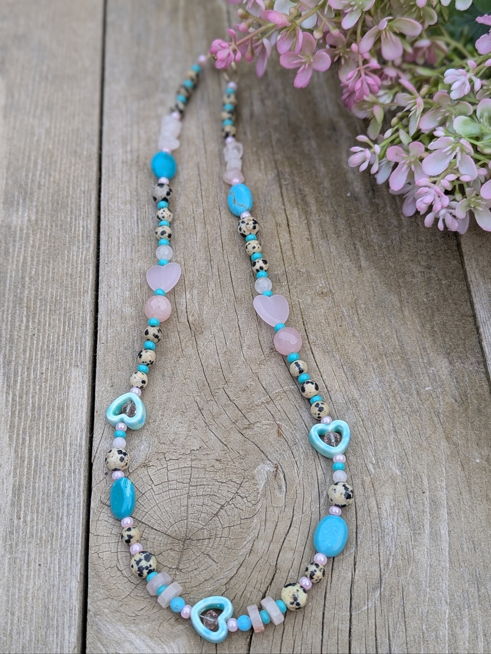 Handmade Turquoise & Rose Quartz Pink Heart Beaded Necklace Leopard